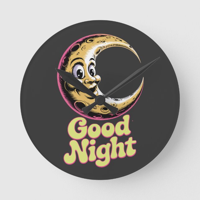 Good Night Retro Moon  Round Clock (Front)