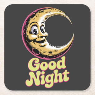Good Night Retro Moon Square Paper Coaster