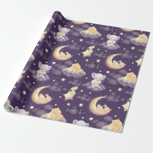 Good Night With Cute Sleepy Baby Animal Wrapping Paper (Unrolled)