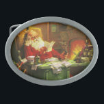 Good Old Santa Claus Oval Belt Buckle<br><div class="desc">A charming vintage Christmas belt buckle featuring Santa Claus reading lists of wishes surrounded by his diligent elves.</div>