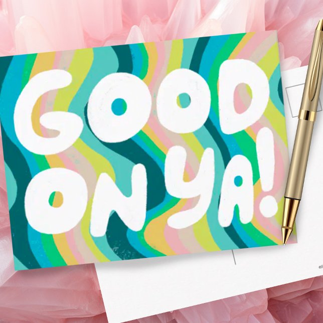 GOOD ON YA Bubble Letters Pink Green Stripes Postcard (Colorful stripes custom GOOD ON YA postcard )