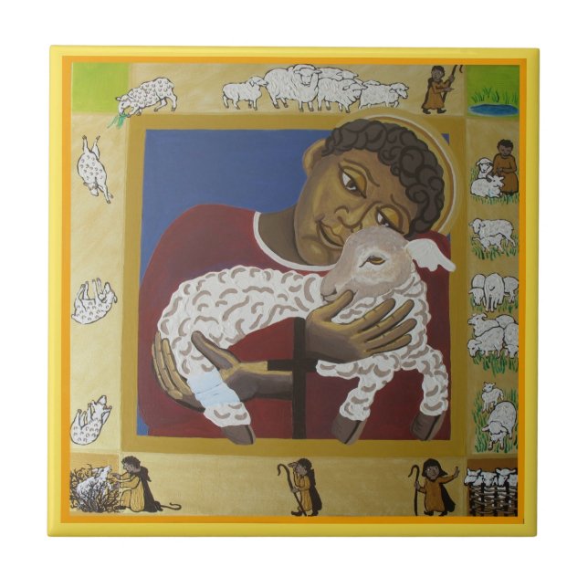 Good Shepherd Jesus parable of the lost sheep Ceramic Tile (Front)