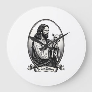 Good Shepherd Jesus Vintage Engraving Faith Shirt  Large Clock