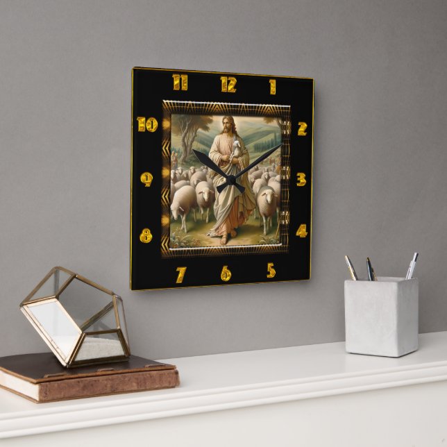 Good Shepherd John 10:7 Peaceful Shepherd Field  Square Wall Clock (Office)