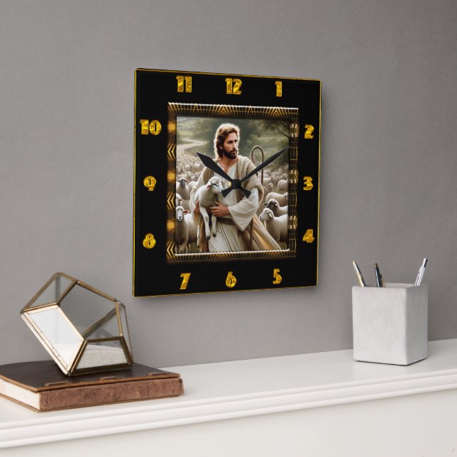 Good Shepherd John 10:7 Peaceful Shepherd Scene Square Wall Clock (Office)