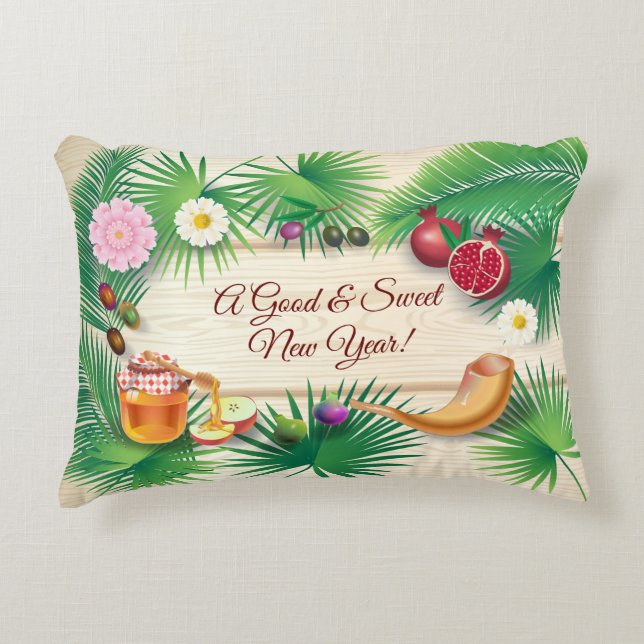Good & Sweet New Year! Rosh Hashanah Honey & Apple Decorative Cushion (Front)