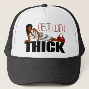 Good Thick - Woman in black Striped Dress Trucker Hat