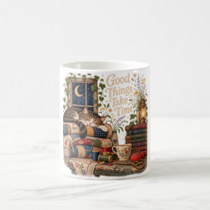 Good Things Take Time – Cosy Quilt Cat Vintage Coffee Mug