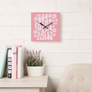 Good Things Take Time Retro Flowers Square Wall Clock