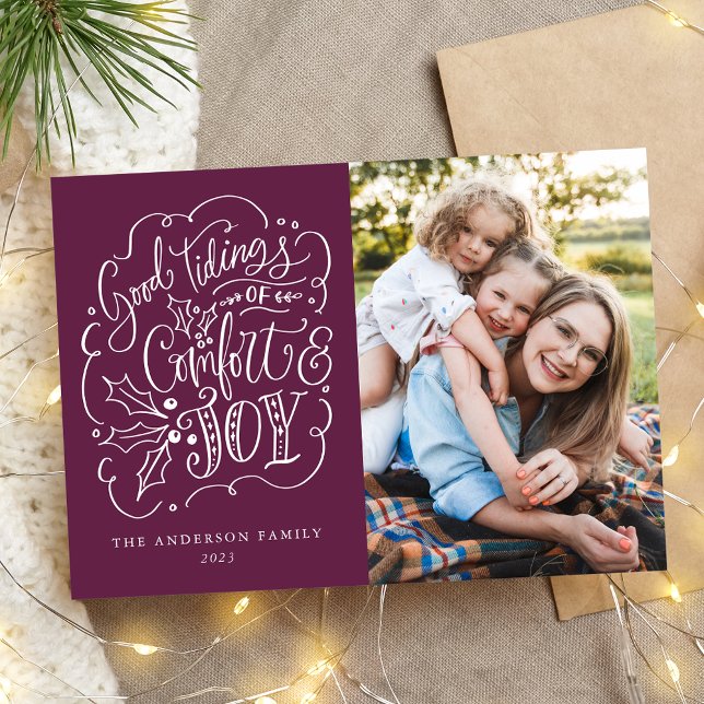 Good Tidings of Comfort & Joy Purple Photo Holiday Card (Creator Uploaded)