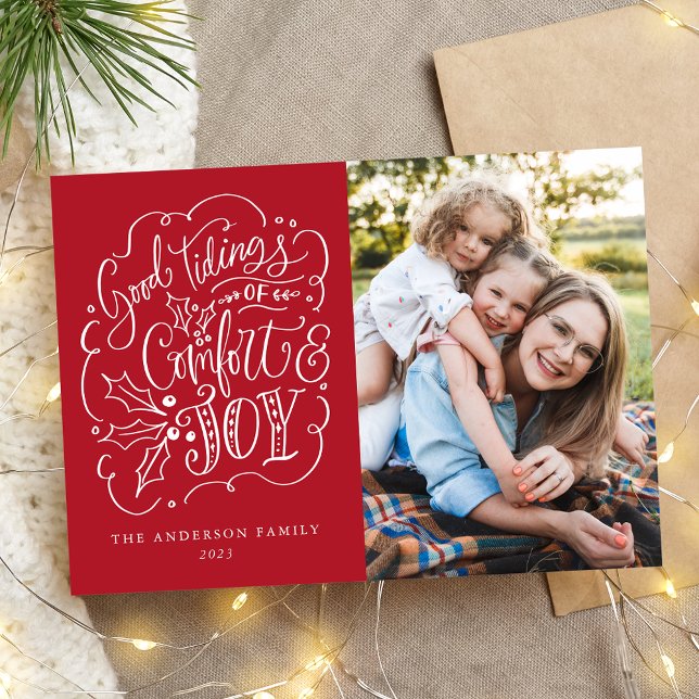 Good Tidings of Comfort & Joy Typography Red Holiday Card (Creator Uploaded)