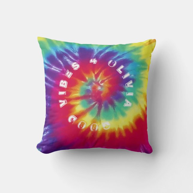 "Good Vibes 4 You" Custom Name Rainbow Tie Dye Cushion (Front)