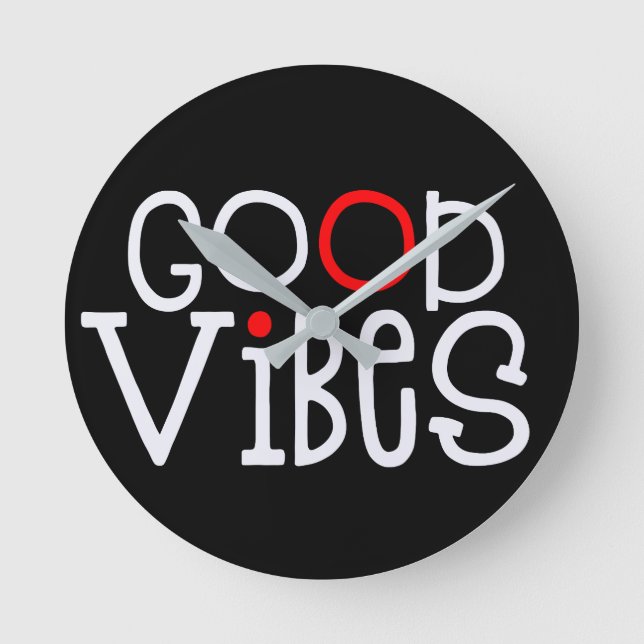 Good Vibes Bold Red White Typography Black Round Clock (Front)