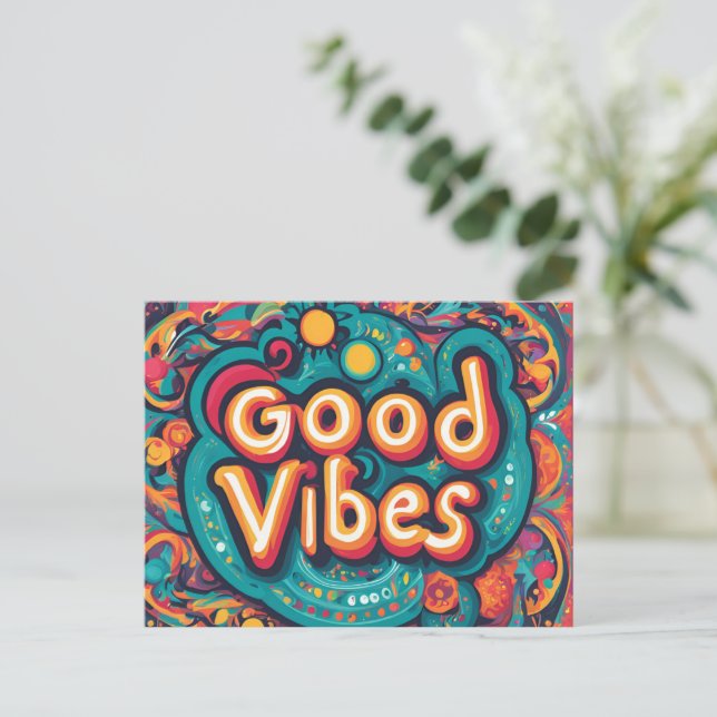 Good Vibes Bright Colourful Hippie Caption Postcard (Standing Front)