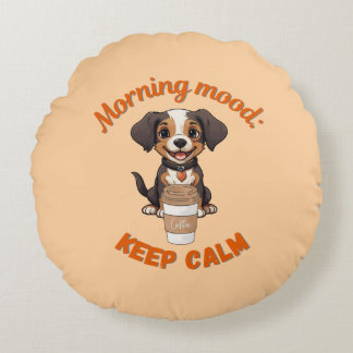 Good Vibes & Coffee – Playful Puppy Digital Artwor Round Cushion