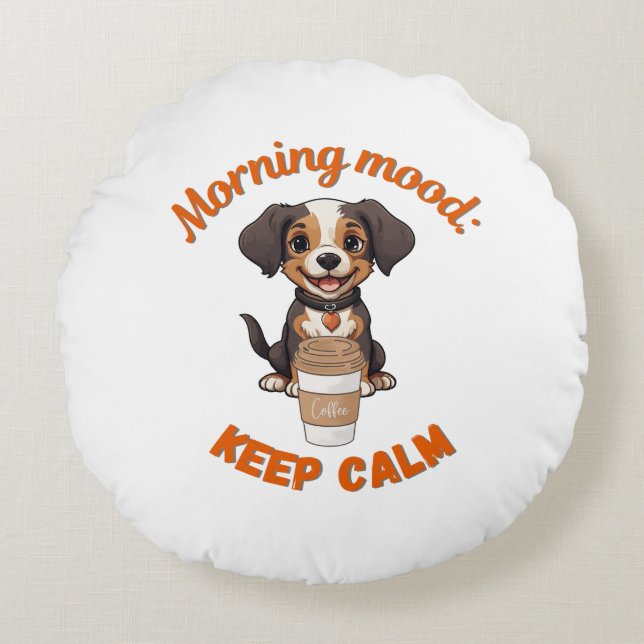 Good Vibes & Coffee – Playful Puppy Digital Artwor Round Cushion (Front)
