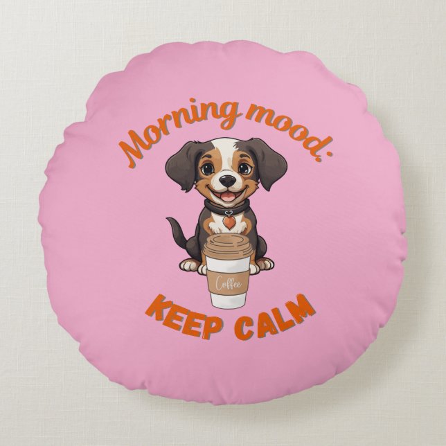 Good Vibes & Coffee – Playful Puppy Digital Artwor Round Cushion (Front)
