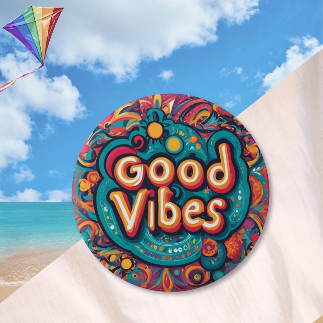 Good Vibes Colourful Groovy Hippie Retro 6 Cm Round Badge (Enjoy 'Good Vibes' with this colorful pin button, patterned in a retro hippie style)