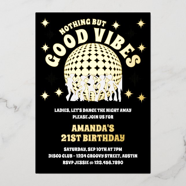 Good Vibes Groovy Black Gold Birthday Party Photo (Front)