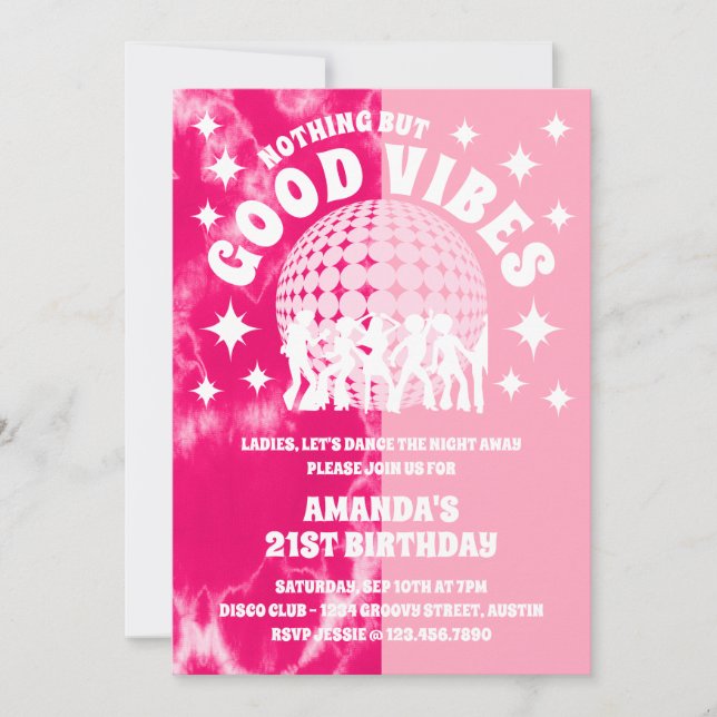 Good Vibes Groovy Pink Tie Dye Birthday Party Invitation (Front)