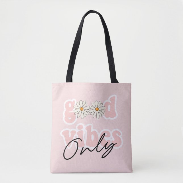 Good Vibes Only 70's Hippie Slogan Tote Bag (Front)