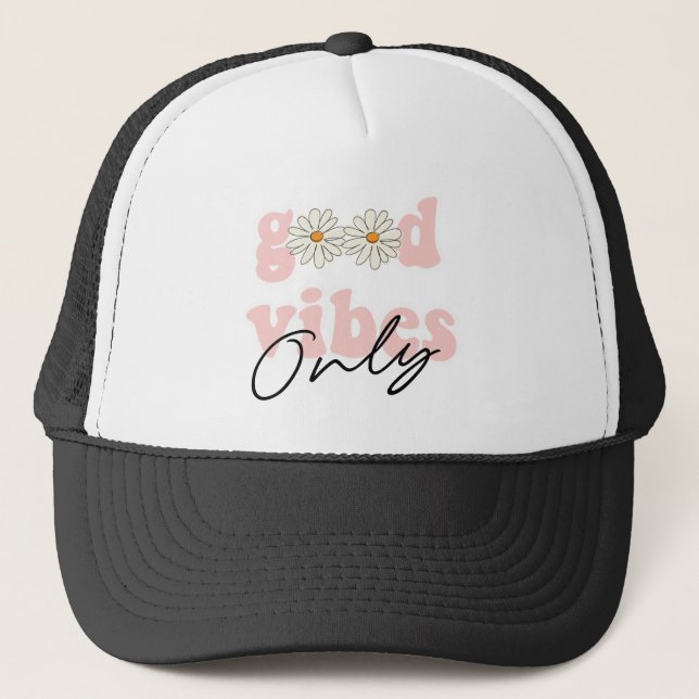 Good Vibes Only 70's Hippie Slogan Trucker Hat (Front)