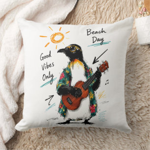 Good Vibes Only Beach Penguin Playing Ukulele Cushion