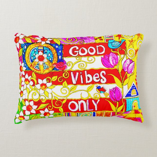 Good Vibes Only, Boho Peace Sign, Daisies, Flag, Decorative Cushion (Front)