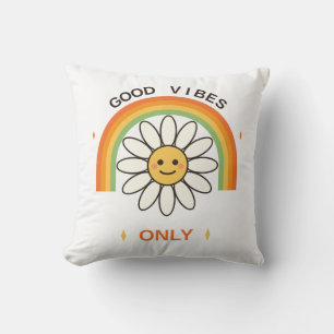 Good Vibes Only Cute Retro 70s Daisy Flower Rainbo Cushion