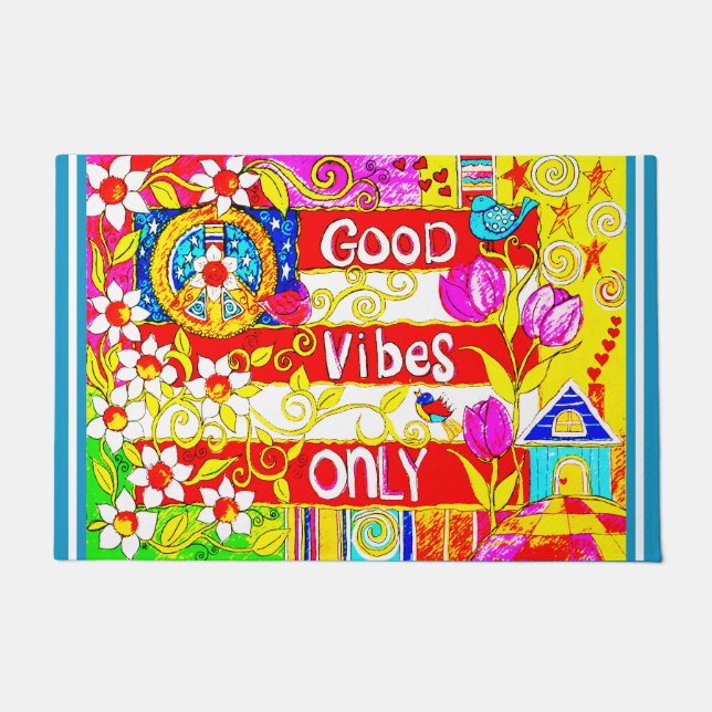 Good Vibes Only, Daisies, Peace Sign, Flag, Stars Doormat (Front)