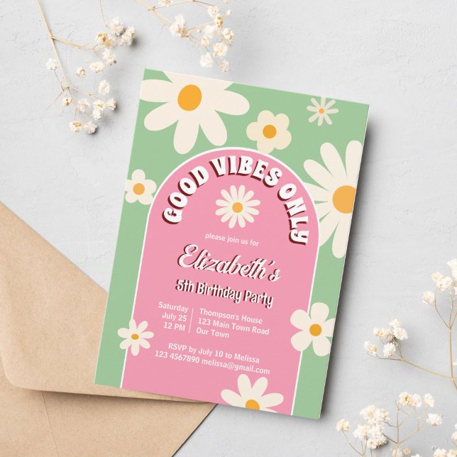 Good vibes only groovy retro daisy birthday invite (Creator Uploaded)