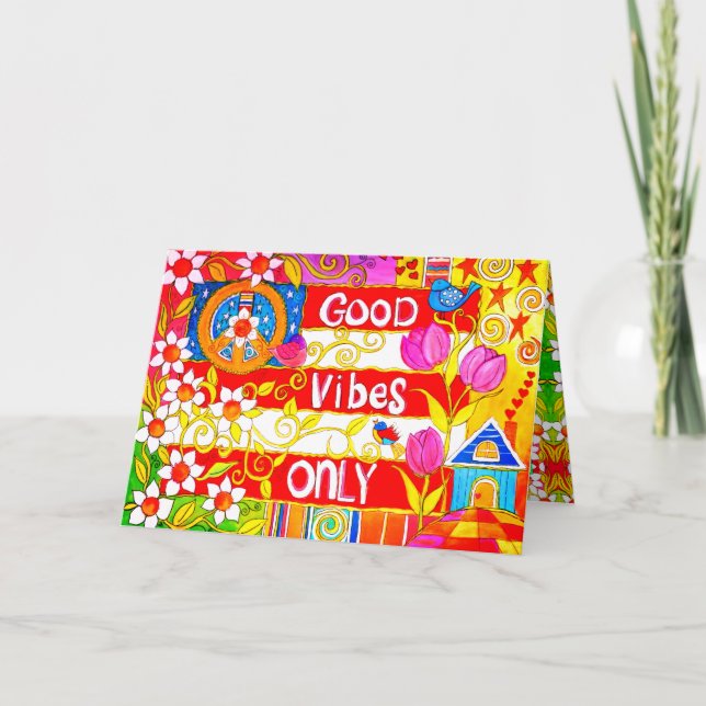 Good Vibes Only Peace Sign and Daisies Hippie Card (Front)