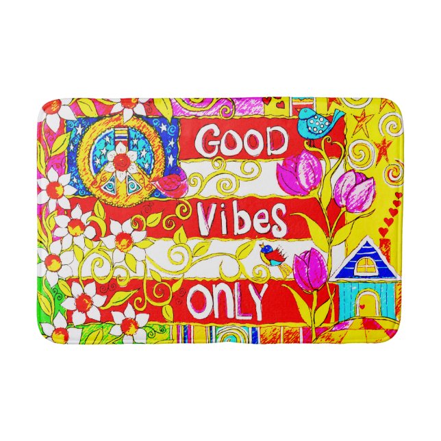 Good Vibes Only, Peace Sign, Flag, Daisies, Art Bath Mat (Front)