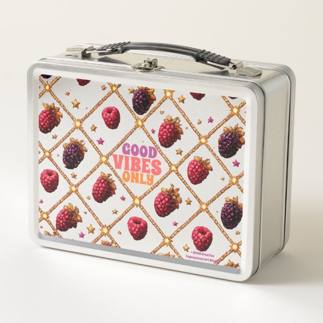 Good Vibes Only Raspberry & Blackberry Pattern Met Metal Lunch Box (Front)