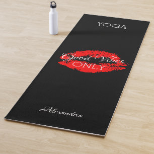 Good Vibes Only Red Lips Graphic Any Name Black Yoga Mat