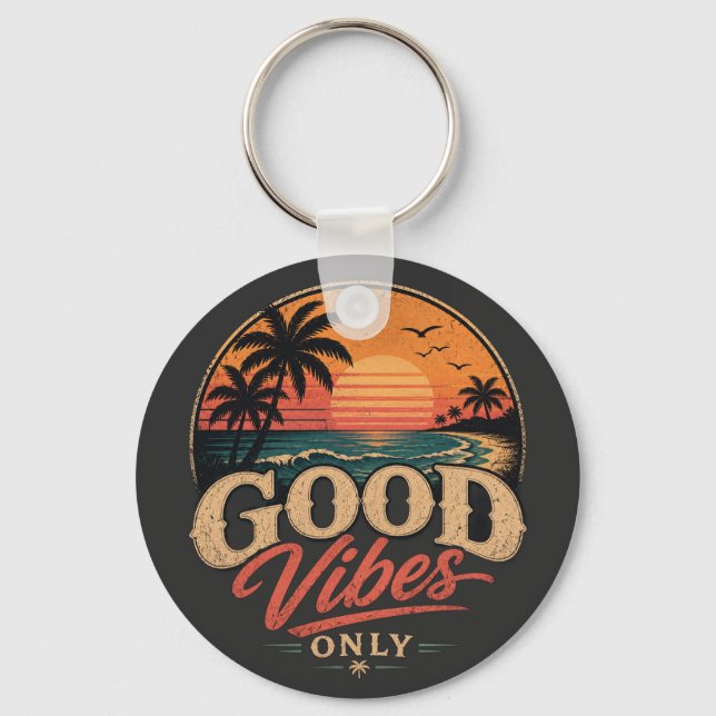 Good Vibes Only Retro Sunset Design Key Ring (Front)