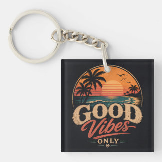 Good Vibes Only Retro Sunset Design Key Ring