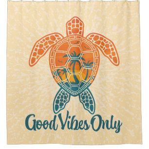 Good Vibes Only Tropical Sunset Sea Turtle Design Shower Curtain