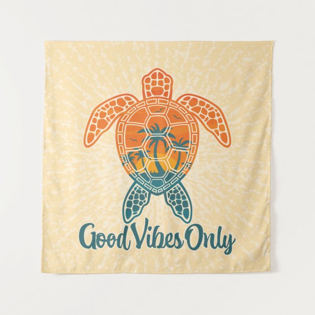 Good Vibes Only Tropical Sunset Sea Turtle Design Tapestry (Front)