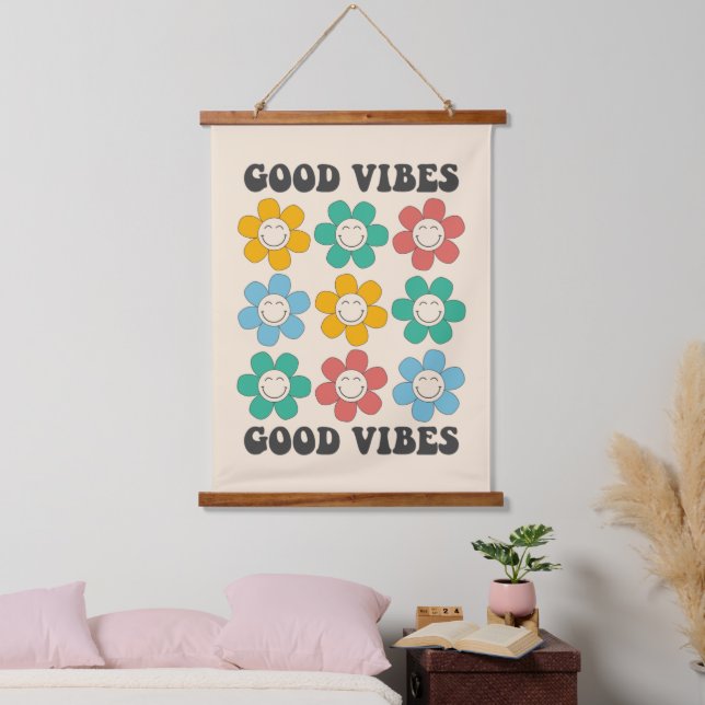 Good Vibes Retro Colourful Daisy Flowers Hanging Tapestry (Bedroom)