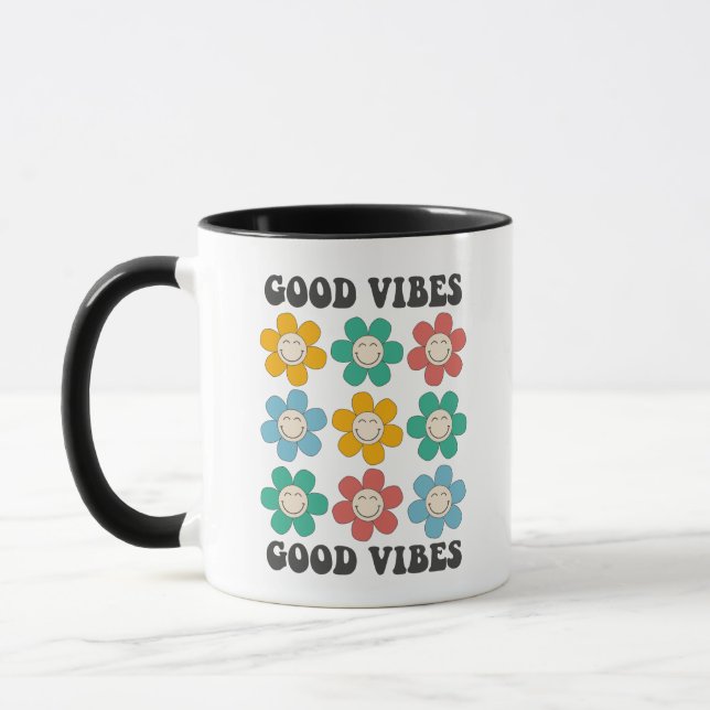 Good Vibes Retro Colourful Daisy Flowers Mug (Left)