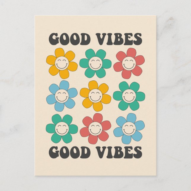 Good Vibes Retro Colourful Daisy Flowers Postcard (Front)