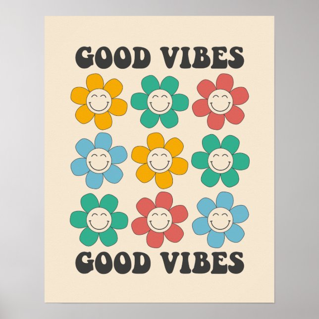Good Vibes Retro Colourful Daisy Flowers Poster (Front)