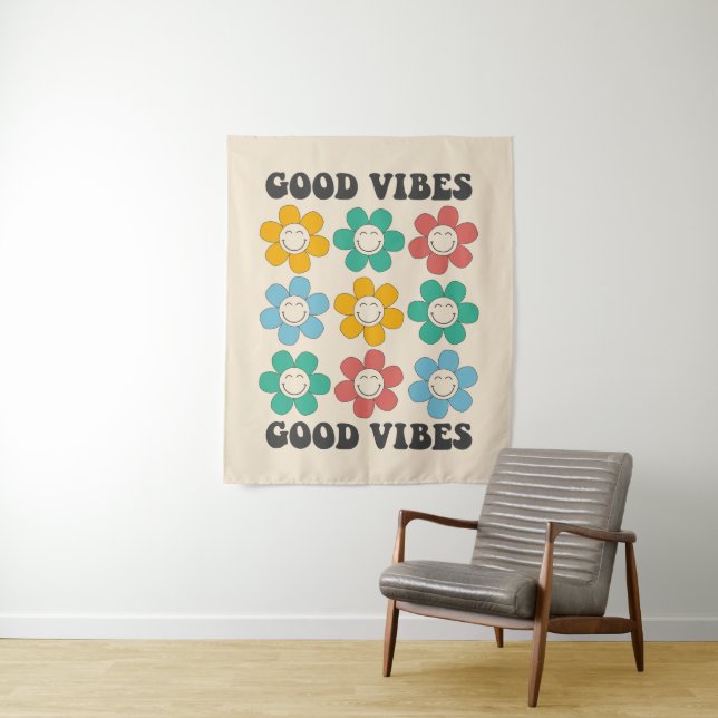 Good Vibes Retro Colourful Daisy Flowers Tapestry (In Situ)