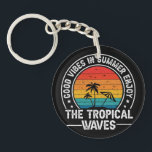 Good Vibes Summer Tropical Waves-64107 Key Ring<br><div class="desc">Retro tropical sunset design with palm trees, ocean waves, and beach vibes, perfect for summer lovers, vacation gifts, and coastal-style products.
(Design code-64107)</div>