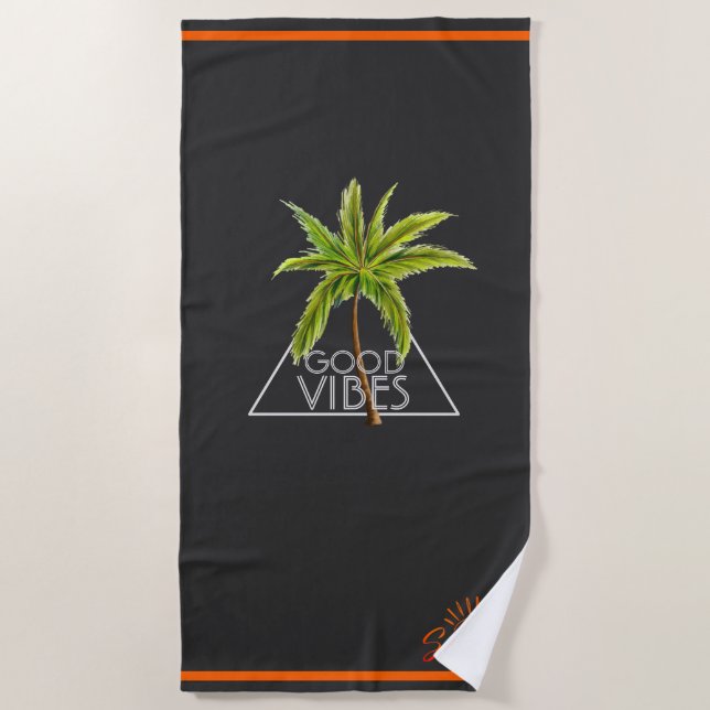 "Good Vibes Triangle Design with Palm Tree" Beach Towel (Front)