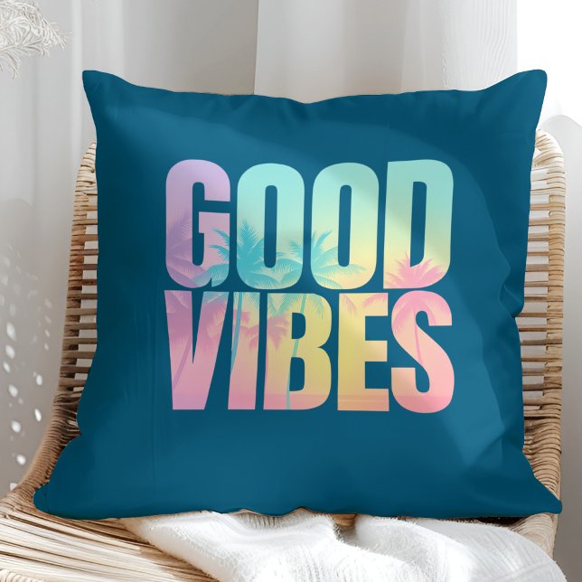 "Good Vibes" Vibrant Tropical Quote  Cushion ("Good Vibes" Vibrant Tropical Quote Throw Pillow on a sunny boho rattan chair.)