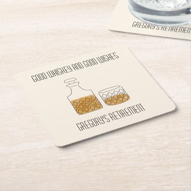 Good Whiskey Good Wishes Retirement Party Square Paper Coaster (Angled)