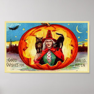 Good Wishes for Halloween, Owl, Witch, Cat, Bat Poster