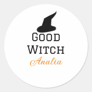 Good witch black hat halloween add name female spo classic round sticker
